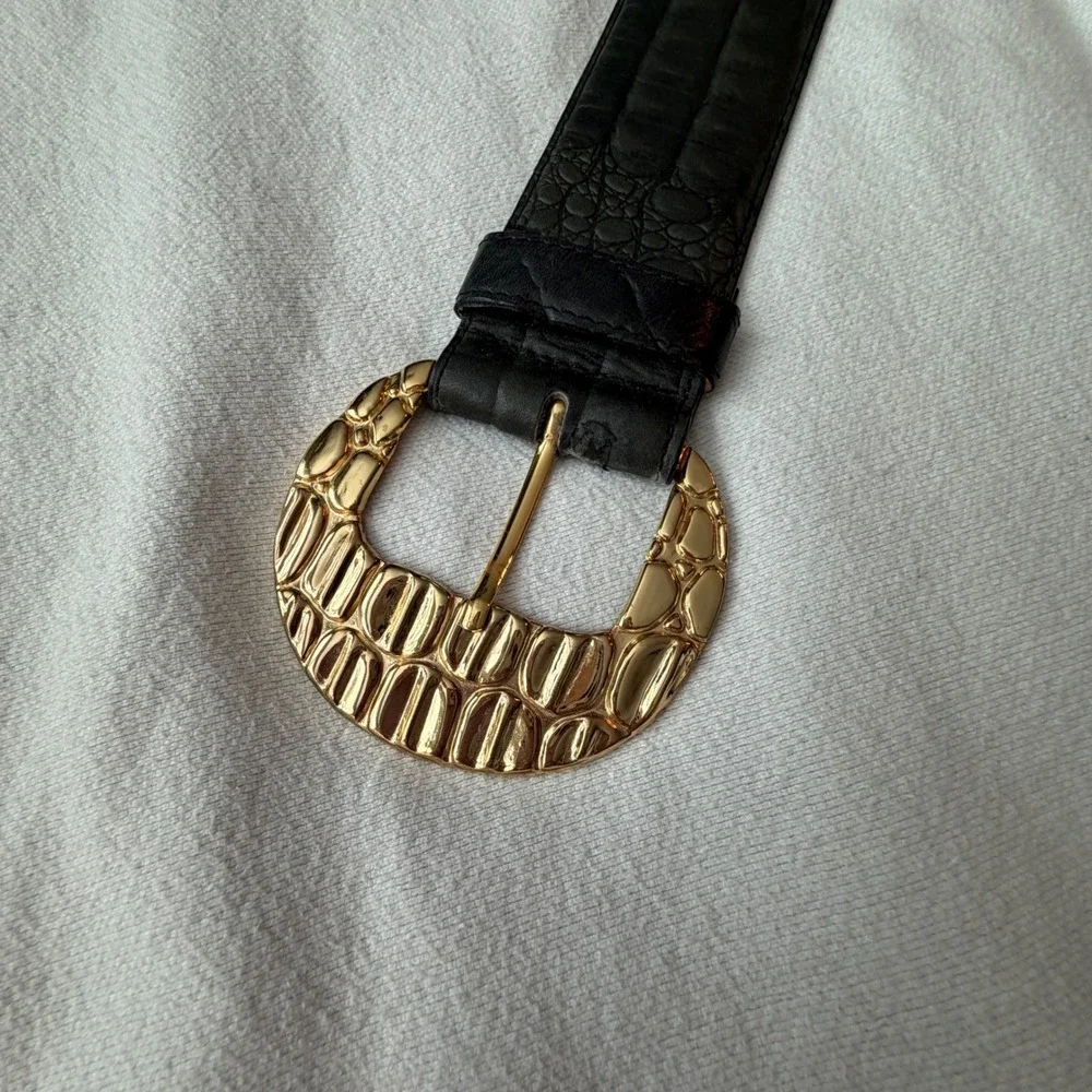 Vintage Genuine Leather Crocodile Embossed Belt Dark Green Gold Buckle Large